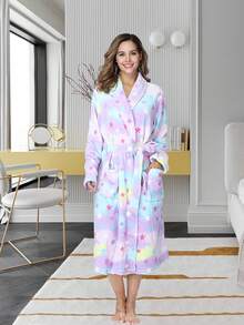 Women's Flannel Lace-Up V-Neck Bathrobe, Short Front Closure Bathrobe, Drop-Shoulder Belt Bathrobe, Winter, Halloween Eve, Room Decor, Valentines, Couple's Bathrobe - 淡紫色 - 查看 1