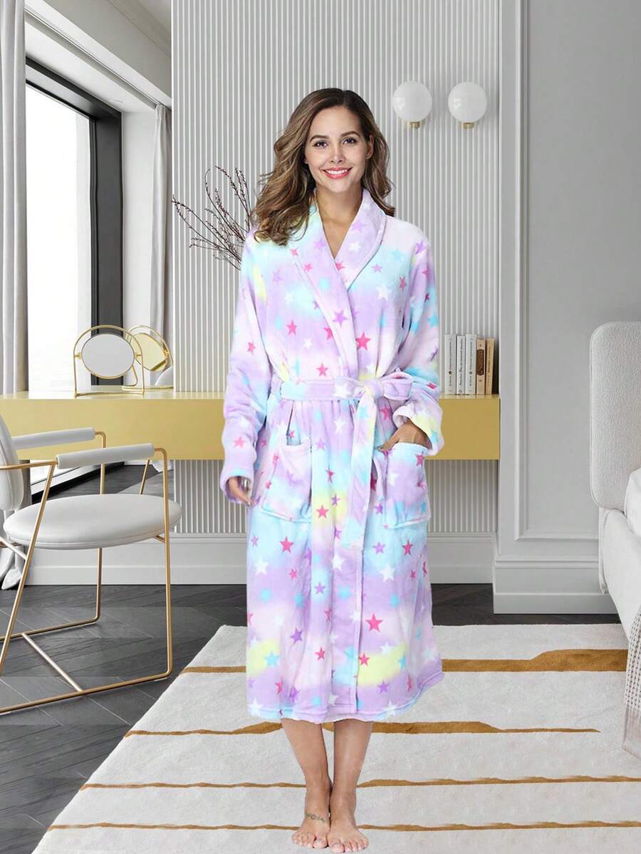 Women's Flannel Lace-Up V-Neck Bathrobe, Short Front Closure Bathrobe, Drop-Shoulder Belt Bathrobe, Winter, Halloween Eve, Room Decor, Valentines, Couple's Bathrobe - 淡紫色 - 查看 1