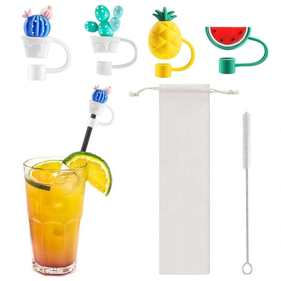 1 組 6 件矽膠吸管帽和吸管刷,可重複使用防塵吸管塞（杯配件）可愛迷你卡通圖案吸管塞,帶吸管刷