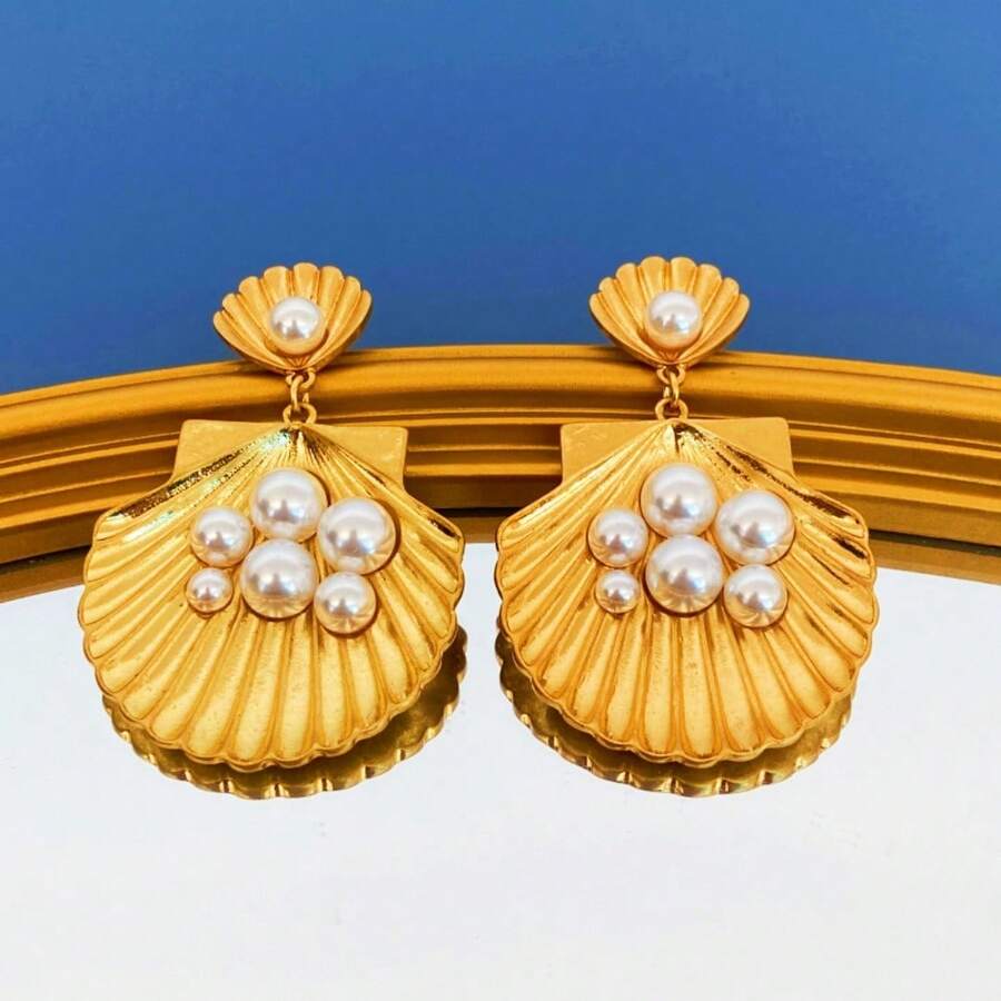 1對復古宮廷風格寶石嵌鱷魚設計流蘇和幾何圖案水晶耳釘,別致的動物耳飾,適合女士日常佩戴 - 貝殼耳環 - 查看 1