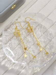 1 Pair Exquisite 925 Silver Star Earrings Long Chain Dangle Tassel Earrings Gold Plating Earrings For Women's Daily Wear Holiday