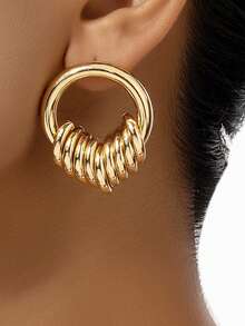 1pair Golden Retro Geometric Nine-Loop Earrings For Women, Daily Wear - Gold - View 1
