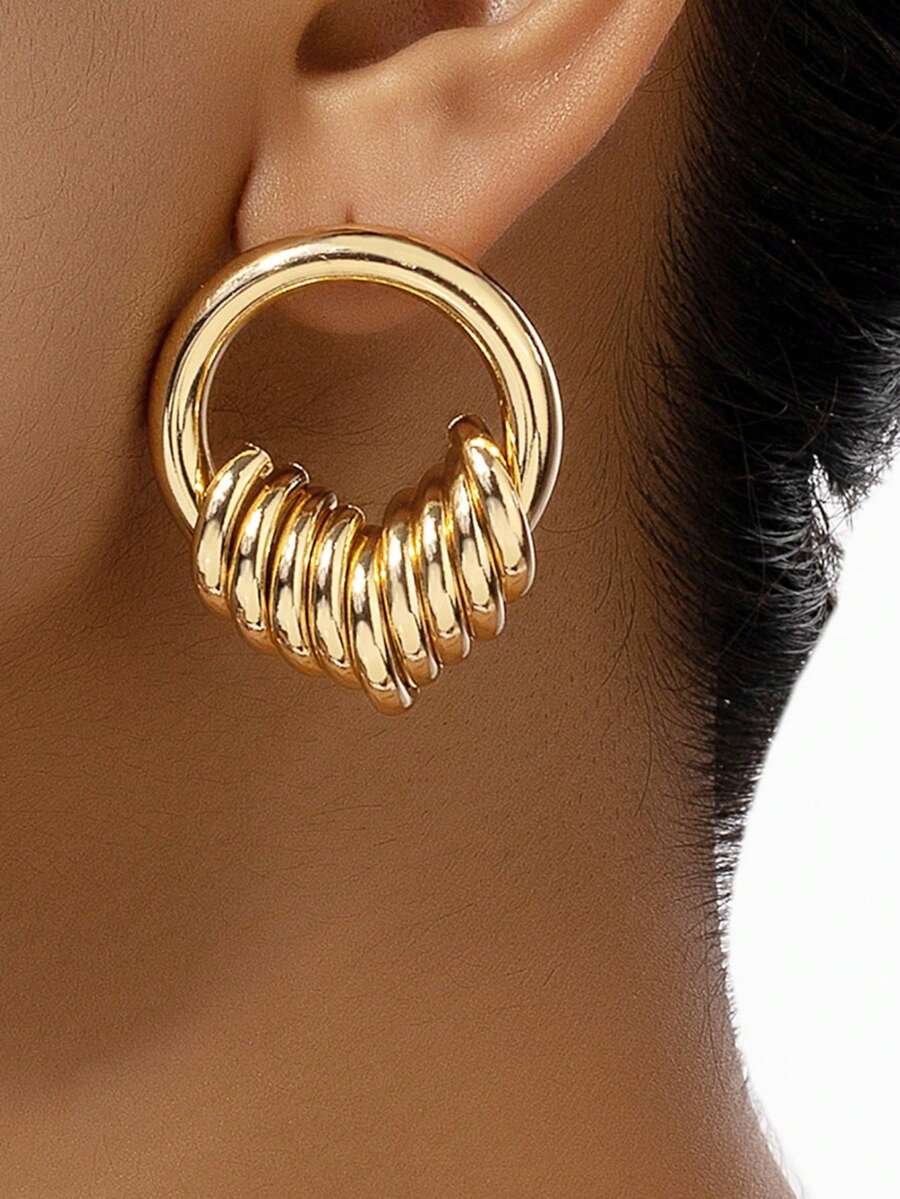 1pair Golden Retro Geometric Nine-Loop Earrings For Women, Daily Wear - Gold - View 1