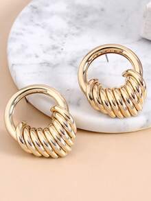 1pair Golden Retro Geometric Nine-Loop Earrings For Women, Daily Wear - Gold - View 5