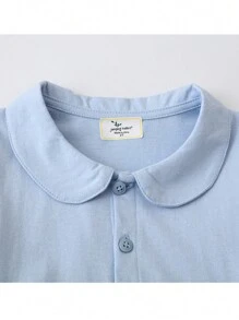 少女夏季新款花卉刺繡細節彼得潘襯衫短袖連衣裙 - 淺藍色 - 查看 4