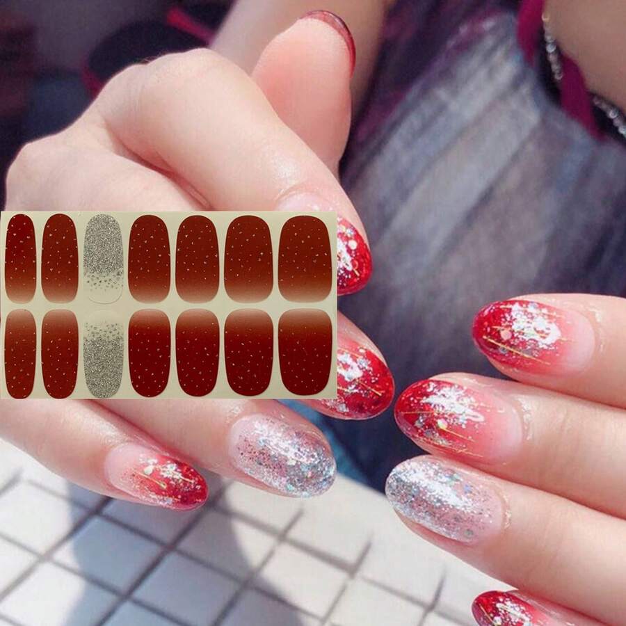 美甲全貼花,帶有方格圖案/可愛的幾何設計/易於貼上/閃亮的效果,附1張甲貼和1個指甲文件 - 彩色 - 查看 1