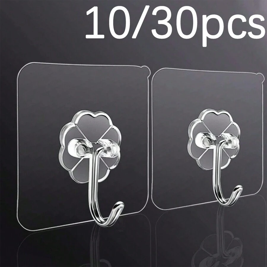 10/30入組自粘掛勾,透明無痕,不需鑽孔,防水防油,多功能壁掛掛勾,廚房自粘式壁掛掛勾