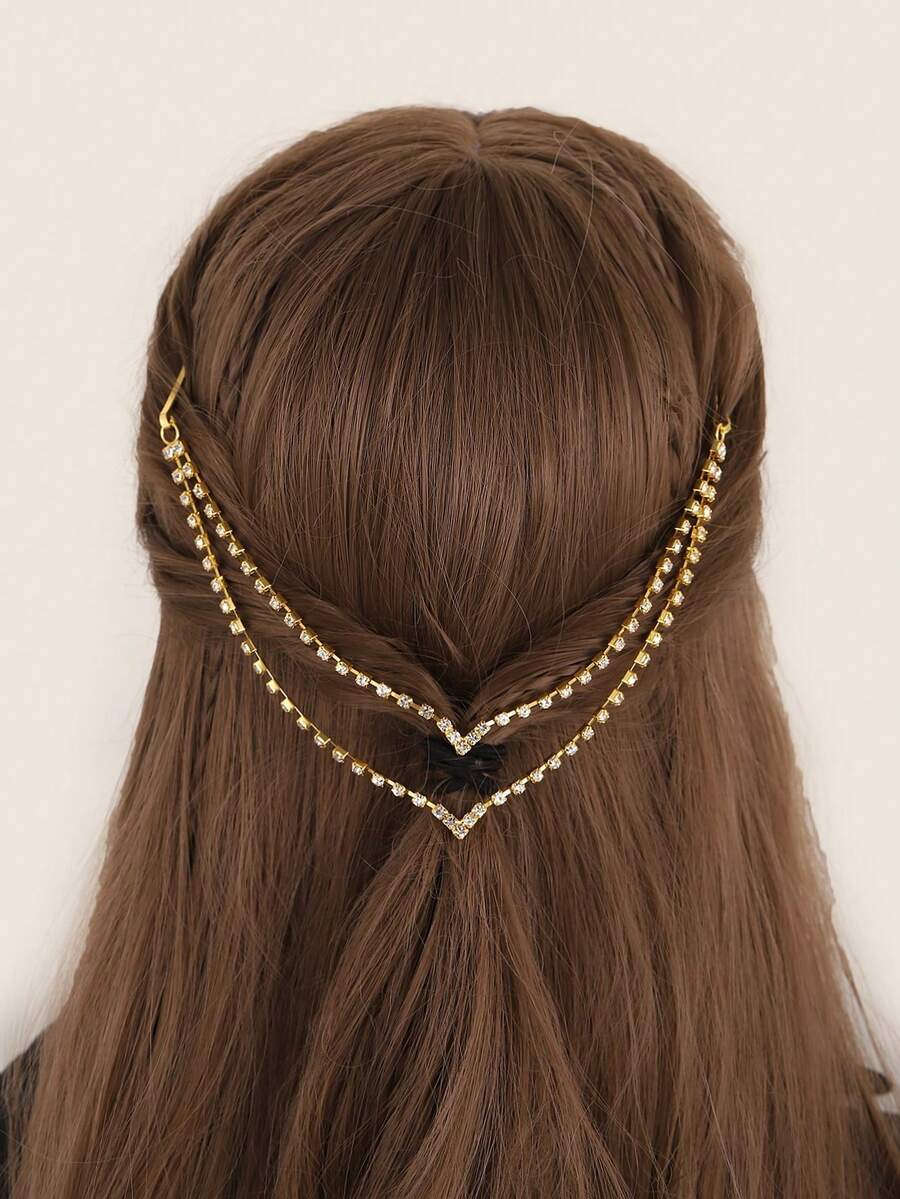1 片 V字形鑲嵌鉆石夾子裝飾髮夾 - 金色 - 查看 1