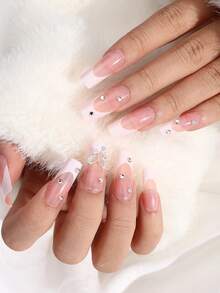 Bateng 24入組白色法式假指甲-長型芭蕾嵌入式指甲,帶有3d蝴蝶和鑽石,全罩方形假指甲,適合女性和女孩日常穿戴 - 淺粉色 - 查看 3