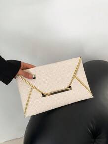 1 件纯色 PU 方形编织纹理信封手拿包，简约优雅的女士手提包，节日礼物 - 米色 - 查看 6
