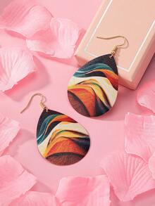 1對幾何水滴形油畫圖案吊墜流行復古優雅高端耳釘 - 彩色 - 查看 3
