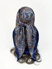 1個女性條紋紋路仿真絲頭巾,可日常佩戴、海灘巾、披肩、頭帶 - 藍色 - 查看 2