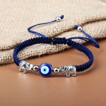 1 pieza Brazalete trenzado vintage con cuentas de ojo turco azul, hilo de nailon, dije de aleación con elefante, joya de pulsera y brazalete de pareja