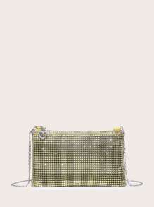 1pc Simple Glitter Rhinestone-Like Sparkly Chain Strap Shoulder Bag, Suitable For Dating And Dinner Parties - Gold - View 1
