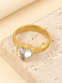 1pc Stylish And Elegant Diamond-Inlaid Heart-Shaped Ring Suitable For Ladies' Dates - Yellow Gold - View 3