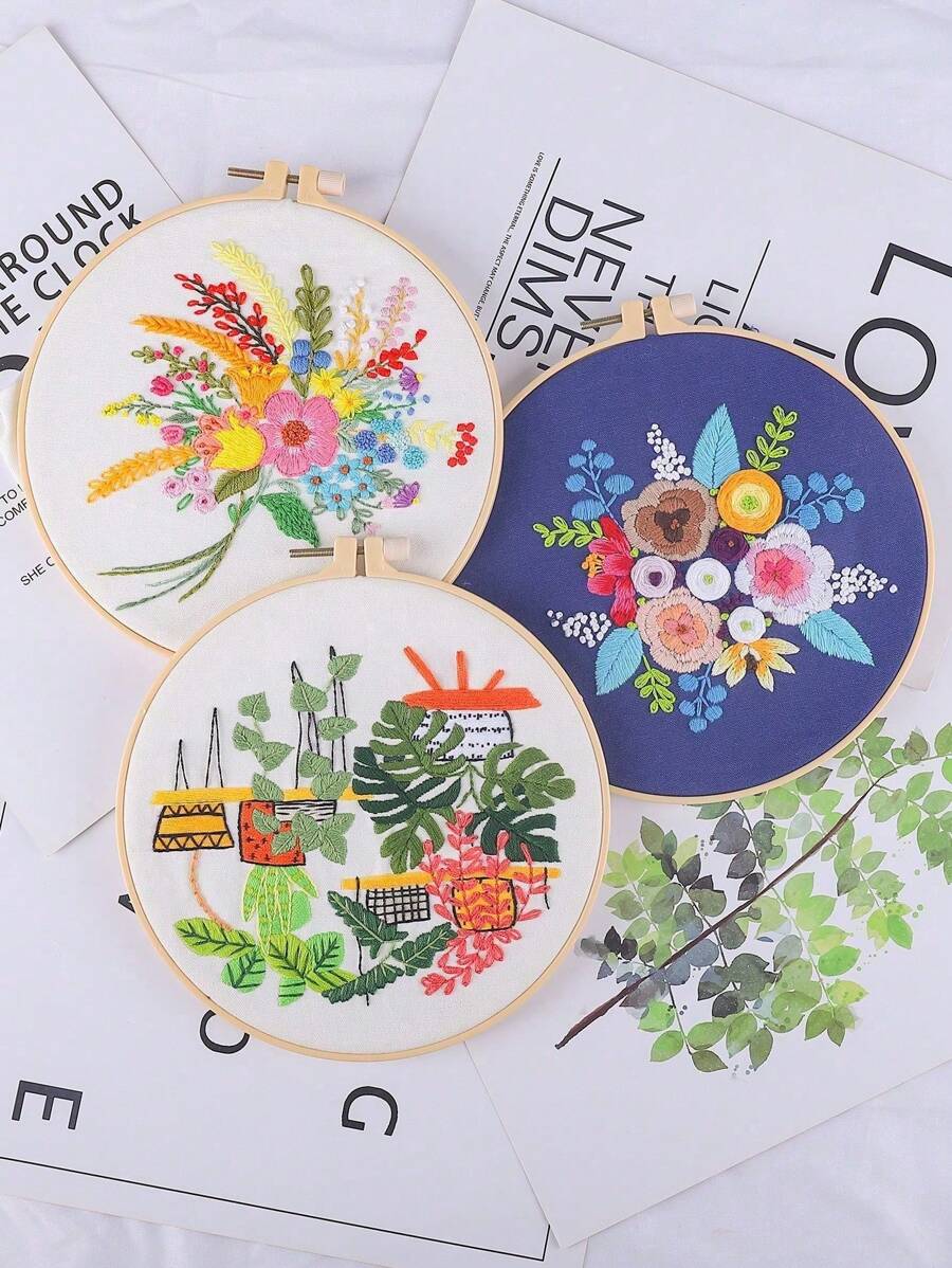 1套手工diy刺繡材料套件,花卉設計刺繡牆飾,適用於桌上/桌下家居裝飾 - 彩色 - 查看 1