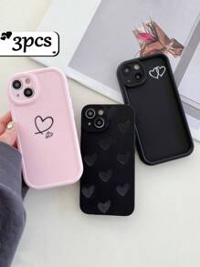 3pcs Minimalist Heart Design Black Phone Cases, Compatible With IPhone 13, 15, 16 Pro Max, 16, 14, Galaxy Smartphones