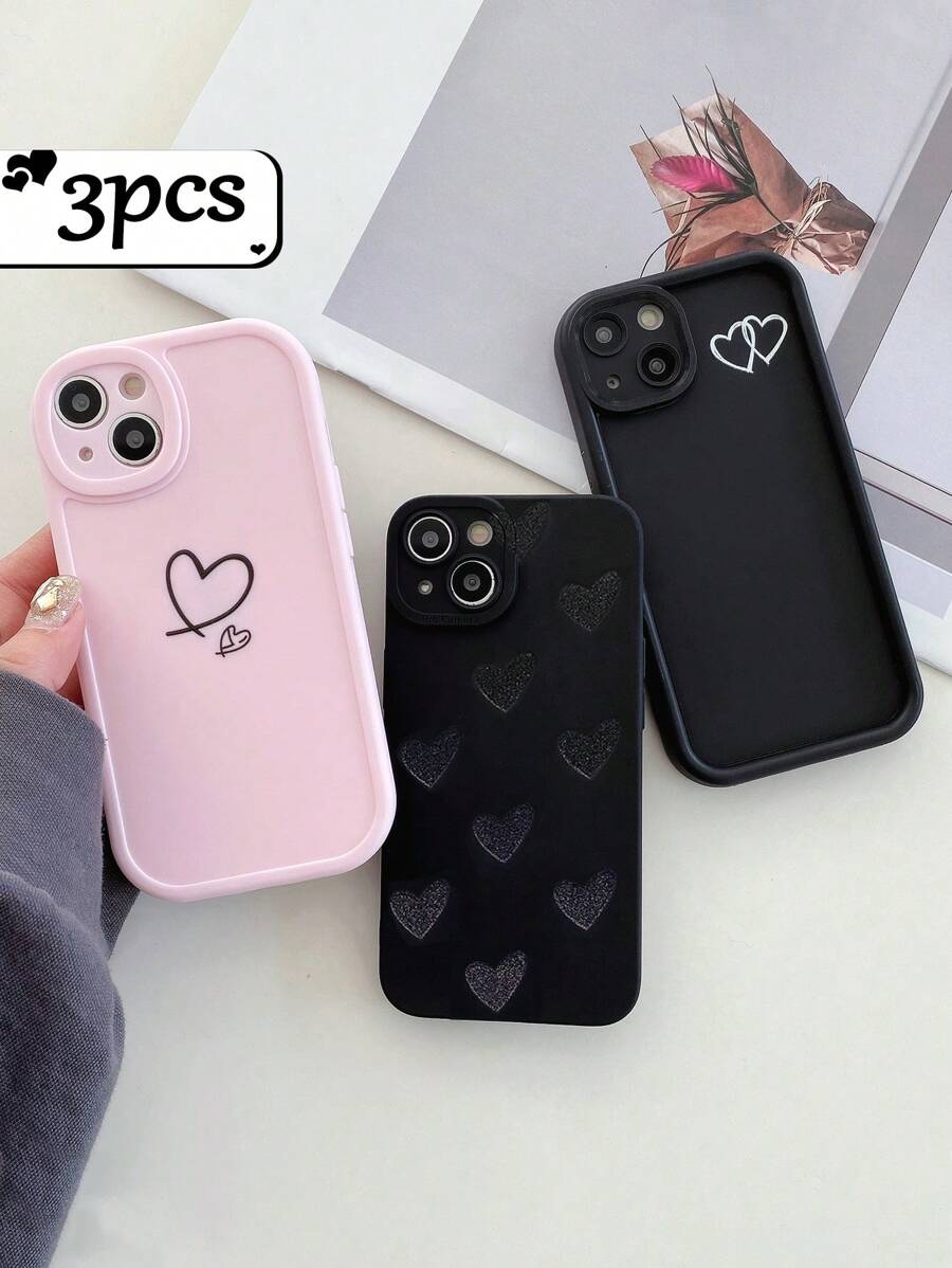 Y2K 3pcs Minimalist Black Heart Design Lens Cover Phone Cases