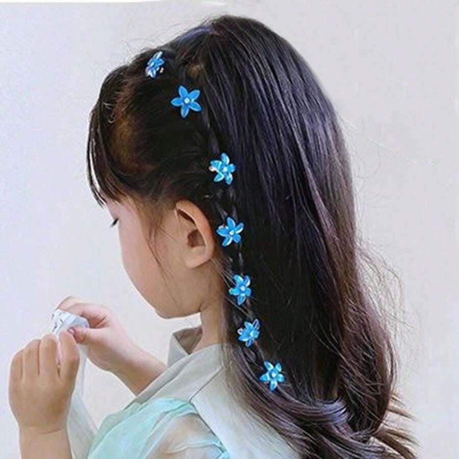 10入組兒童花朵小鉤飾頭花編織髮箍小女孩迷你鉤針頭飾（10包）適用於日常使用,是女孩禮物的理想選擇 - 藍色 - 查看 1