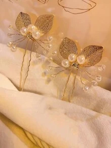 2 件仿珍珠发夹 - 金色 - 查看 2