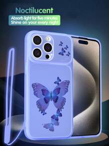 夏季1入組發光霧面藍色TPU蝴蝶圖案防震手機殼和1入矽膠發光掛繩夜光趣味保護套，適用於iPhone，三星，小米，紅米，歐珀 - 藍色 - 查看 7
