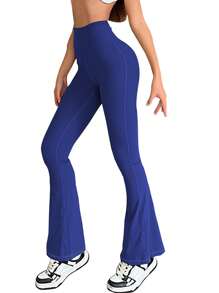 One Piece Plus Size Women's Yoga Pants, High Waist Slimming Flare Pants, Fitness Yoga Tight For Outdoor & Casual Colanti - Royal Blue - View 3