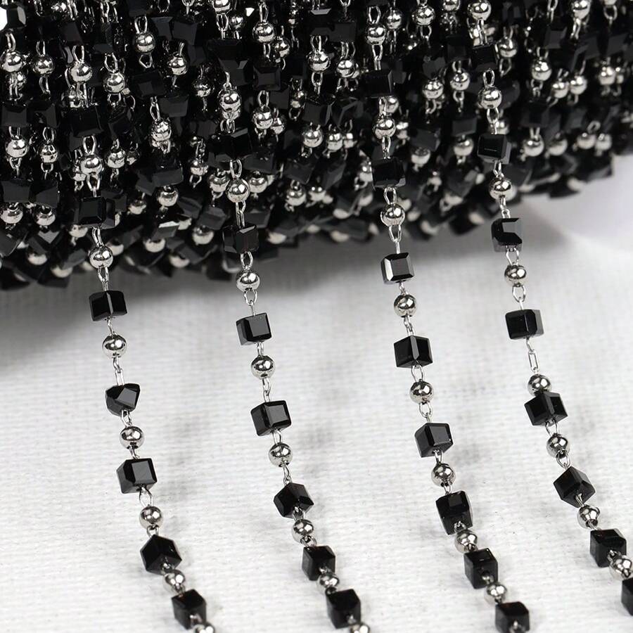 1m 1pc Stainless Steel Black Crystal-Like Square Bead Chain & 0.25cm Square Plastic Beads Chain For Jewelry Making Such As Necklace, Bracelet, Earring, Body Chain, Diy Personalized Fashion Accessories Suitable For Women - Black - View 1