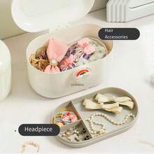 1pc Double-Layer Hair Accessories Storage Box With Handle, Hair Clip, Headband, Hair Tie, Jewelry Organizer Case - Apricot - View 4