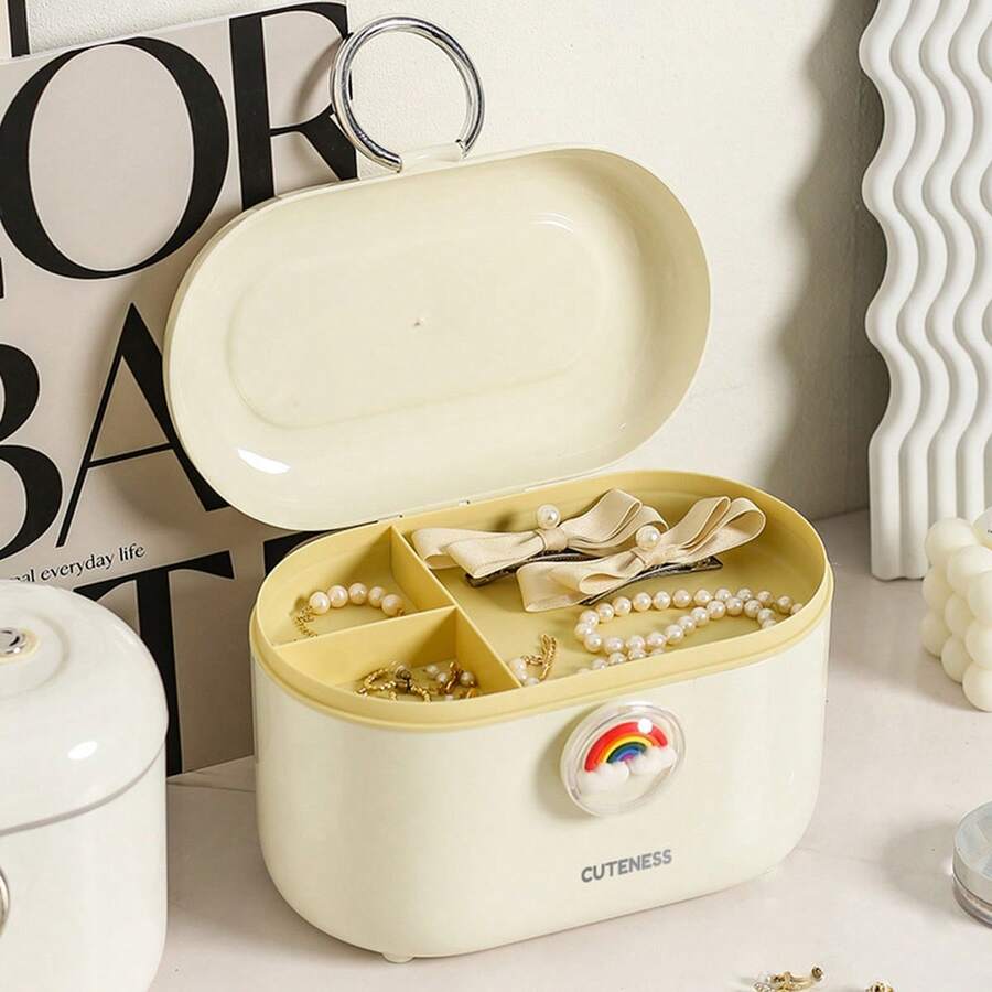 1pc Double-Layer Hair Accessories Storage Box With Handle, Hair Clip, Headband, Hair Tie, Jewelry Organizer Case - Apricot - View 1