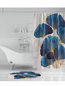 4入組銀杏葉印花淋浴簾和浴室地墊套裝,搭配12個鉤子,防滑墊,防水窗簾和家居裝飾浴室配件 - 彩色 - 查看 4