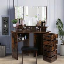 VOWNER Corner Makeup Vanity Desk With Outlet, Vanity Desk With Mirror And Lights, 3 Color & Brightness Adjustable, With 5 Rotating Drawers And Stool, For Girls Women Thanksgiving Christmas Gift - 質樸棕色 - 查看 2