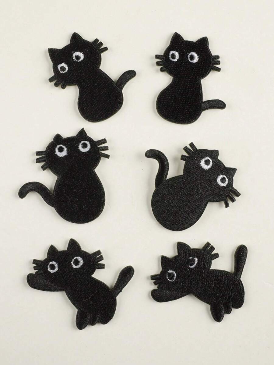 6 Piezas Remiendo Bordado De Tela De Gato Negro Para Ropa Diy, Pantalones, Sombreros, Bolsos, Zapatos, Estuches Para Teléfonos, Etc.
