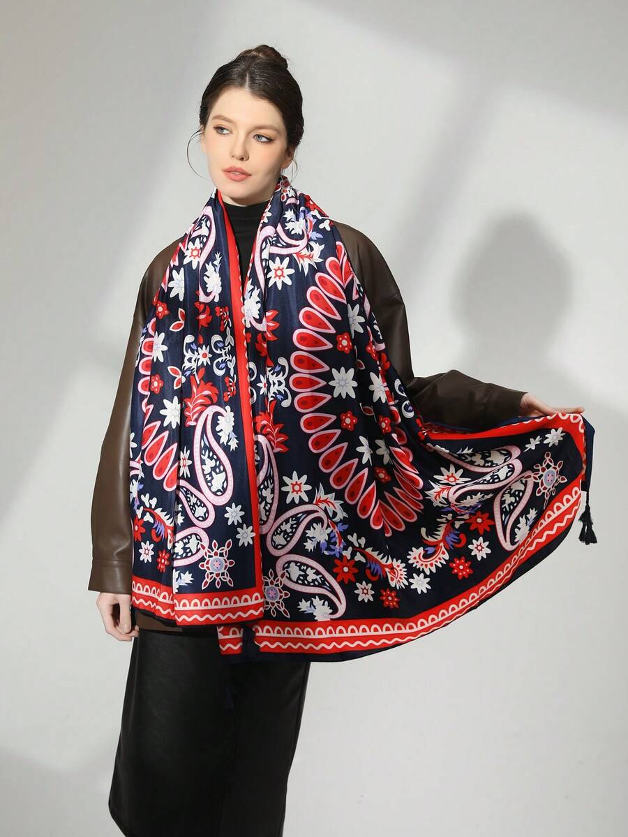 1pc Fashionable Graphic Print Vintage Style Shawl & Scarf For Sun Protection And Warmth, Suitable For Beach, Casual Outings, Travel And Gifting - Multicolor - View 1