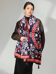 1pc Fashionable Graphic Print Vintage Style Shawl & Scarf For Sun Protection And Warmth, Suitable For Beach, Casual Outings, Travel And Gifting - Multicolor - View 2