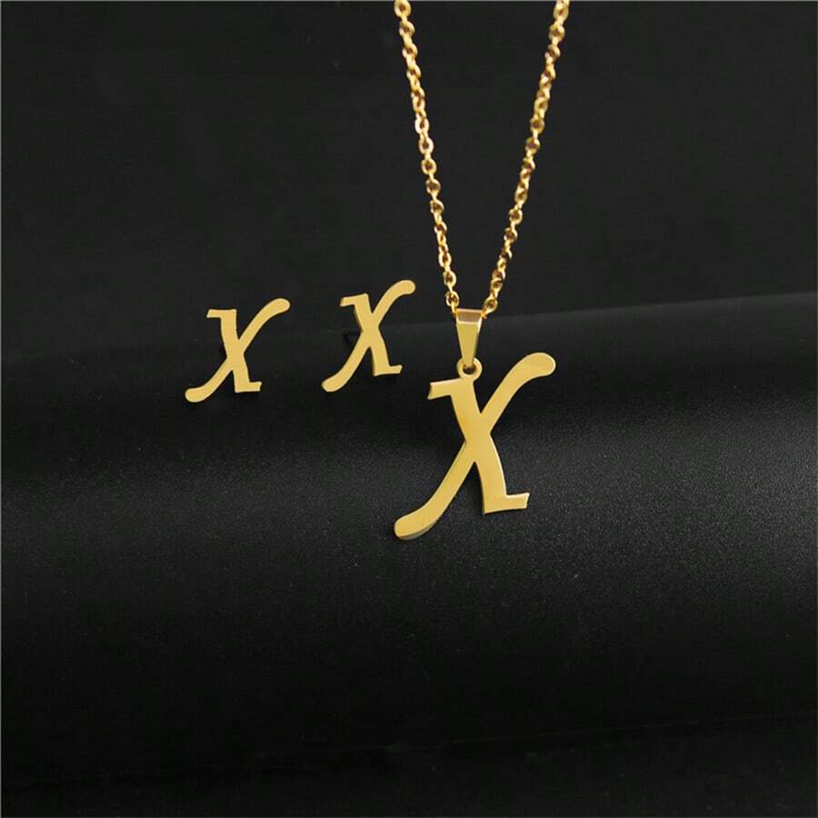 Stainless Steel 26 Letter Pendant Necklace Set, New European And American Earrings, Letter Necklace Two-Piece Set - X - View 1