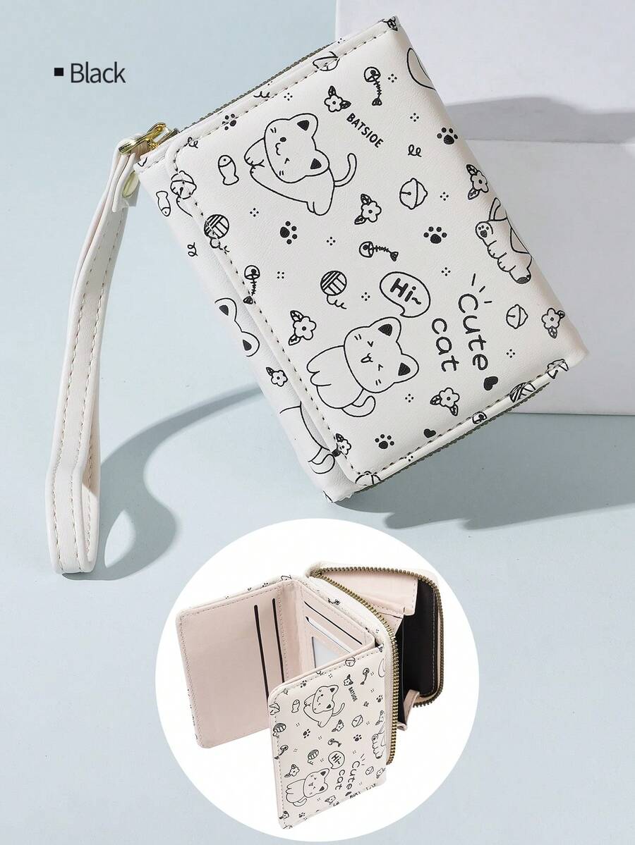 新款日式可愛貓印花三折女士錢包,帶拉鍊袋,學生和女孩的卡片套 - 彩色 - 查看 1