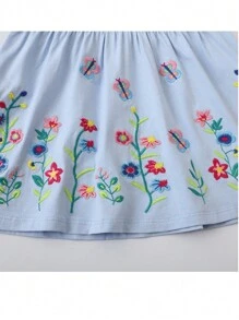 少女夏季新款花卉刺繡細節彼得潘襯衫短袖連衣裙 - 淺藍色 - 查看 6