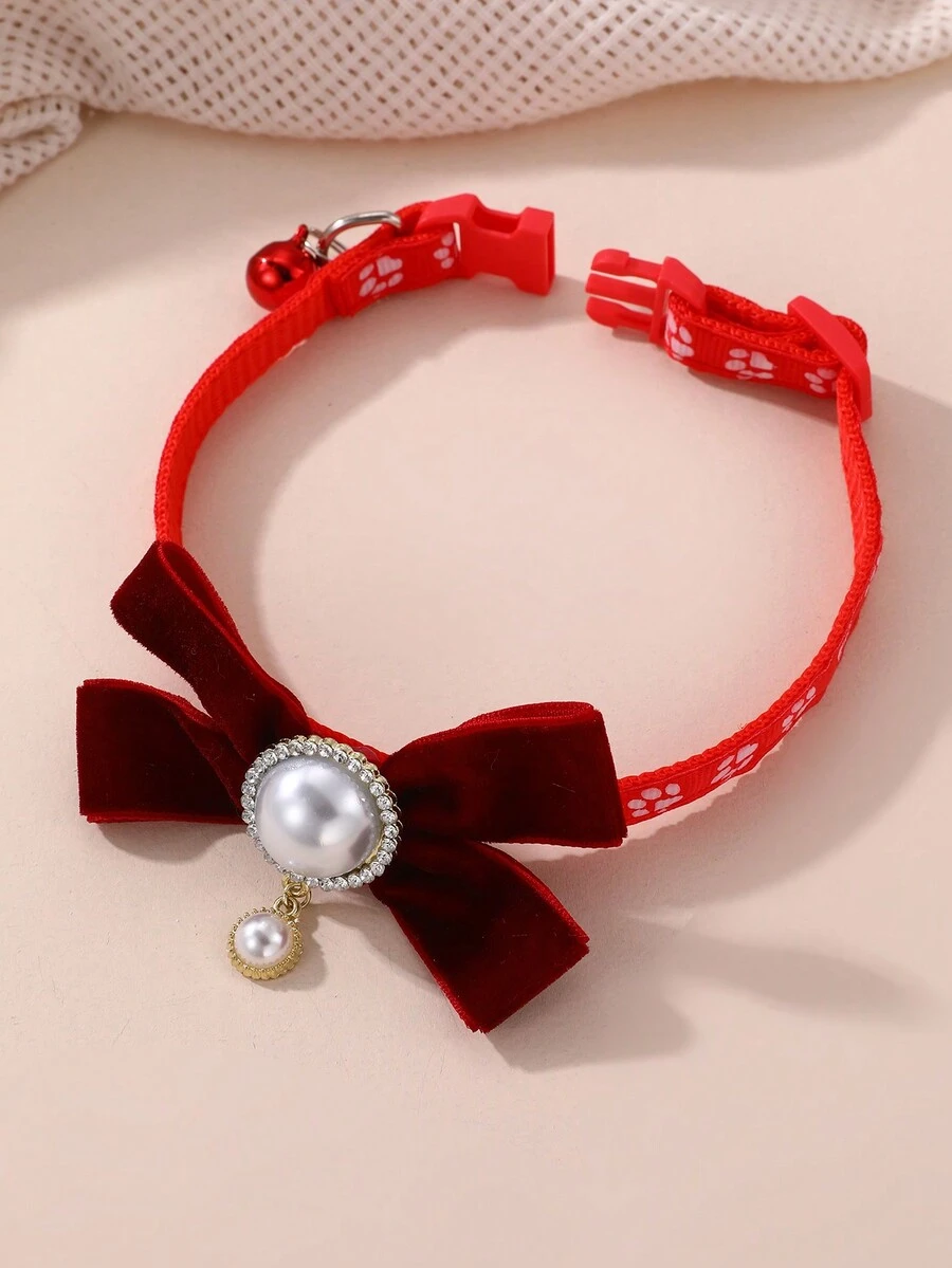 1入組寵物貓狗蝴蝶結領帶飾品帶珍珠和鑽石珠，蝴蝶結設計頸飾 - 紅色 - 查看 1