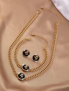 1條油漬和鑽石裝飾的玫瑰設計吊墜項鍊,1條玫瑰設計手鍊,1對耳環,歐美風格,優雅高檔,適合在節日送禮 - 金黃色 - 查看 4