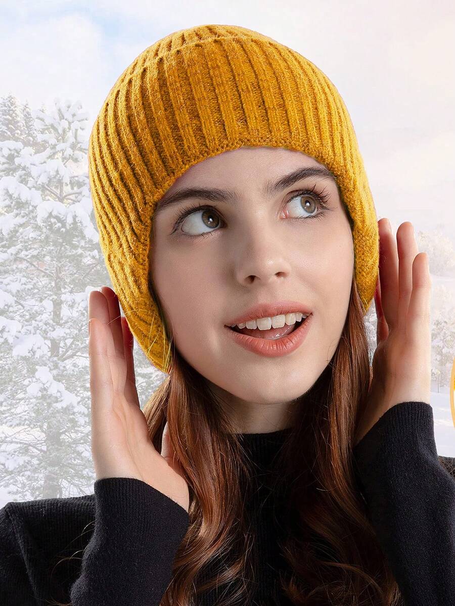 Winter Beanies With Earflaps For Men Women, Warm Knitted Earflap Thick Beanie Hats - Yellow - View 1