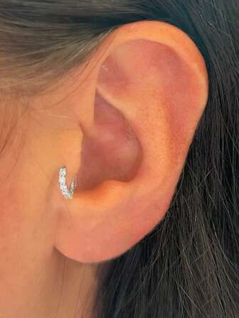 SereneSpark 1Pc 925 Sterling Silver Single Row Diamond Set  Hoop Earrings Unisex Daily Decoration