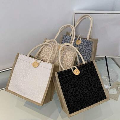 这款亚麻印花手提袋设计简约，便于携带，容量大，功能多样，适合日常购物。全新设计和大容量使其可用作单肩包、手提包、午餐包、斜挎包等，适合女性日常使用、约会、特殊场合、返校、夏季、度假、海滩、旅行和通勤。