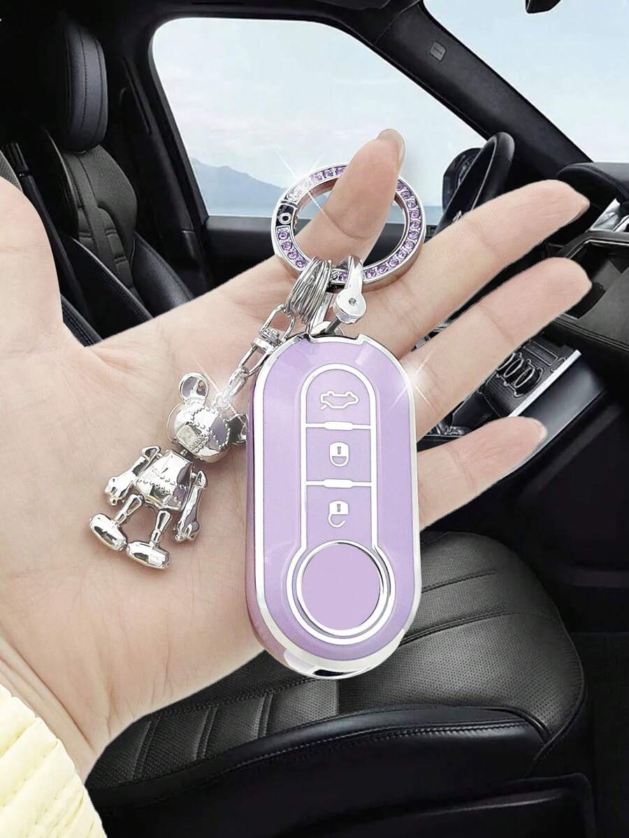 時尚可愛的可動手臂網路泰迪熊玩具 + 創意個性化紫色鑲鑽汽車鑰匙扣 + 紫色防跌落汽車鑰匙套(fiat 500/panda/stiio/brava/boliett/lingyue/iveco Daily 專用) - 紫色 - 查看 1