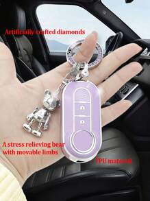 時尚可愛的可動手臂網路泰迪熊玩具 + 創意個性化紫色鑲鑽汽車鑰匙扣 + 紫色防跌落汽車鑰匙套(fiat 500/panda/stiio/brava/boliett/lingyue/iveco Daily 專用) - 紫色 - 查看 5
