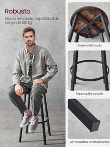VASAGLE Taburete Alto  Juego de 2  Taburetes Altos de Cocina  con Respaldo  Estructura de Acero  Asiento de 73 cm de Altura  Fácil Montaje  Estilo Industrial  Marrón Rústico y Negro MLBC026B01 - Marrón - Ver 4