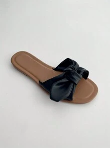 女士平底蝴蝶结凉鞋，个性化时尚复古度假外穿通勤简约皮革穆勒拖鞋 - 棕色 - 查看 4