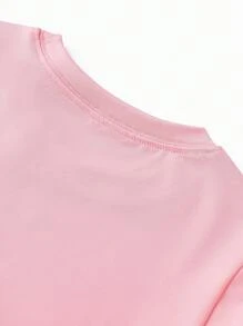 年轻女孩夏季休闲字母印花圆领 T 恤 - 粉色 - 查看 4