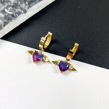 3件套不锈钢链、立方氧化锆、彩色心形翅膀项链耳环组合套装，百搭，适合情侣、休闲、通勤、节日、派对等场合。 - 金色 - 查看 2