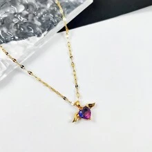 3件套不锈钢链、立方氧化锆、彩色心形翅膀项链耳环组合套装，百搭，适合情侣、休闲、通勤、节日、派对等场合。 - 金色 - 查看 3
