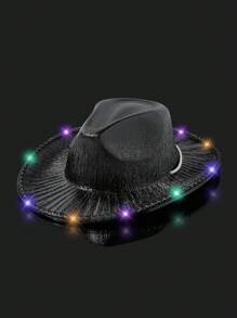 LEAJOURNO. Unisex Y2k Style Western Cowboy Hat Led Lights, Color Stripe Design, Wide Brim With Rolled Edge, Ideal For Halloween Party, Music Festival, Dance Performance, Children's Day, Jazz, Rave Cowboy Hat Cowgirl Hat - Black - View 11